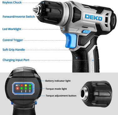 Акумуляторний шуруповерт DEKOPRO 8V 42шт: комплект з аксесуарами, ударний, LED-ліхтар, 12Nm, регульована швидкість, для ремонту будинку
