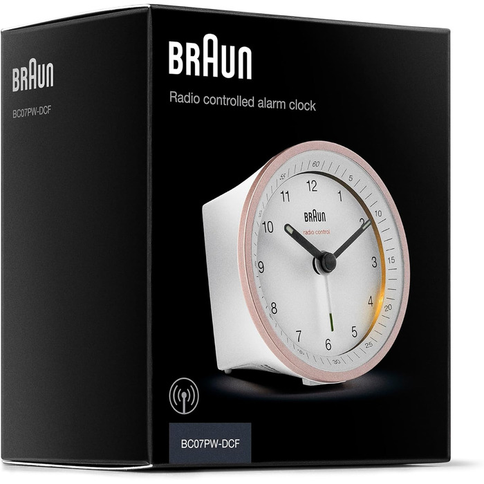 Classic analog radio alarm clock by Braun for the Central European Time zone (CET/GMT+1) with snooze function, lighting, quiet movement, crescendo alarm in white and rose, model BC07PW-DCF