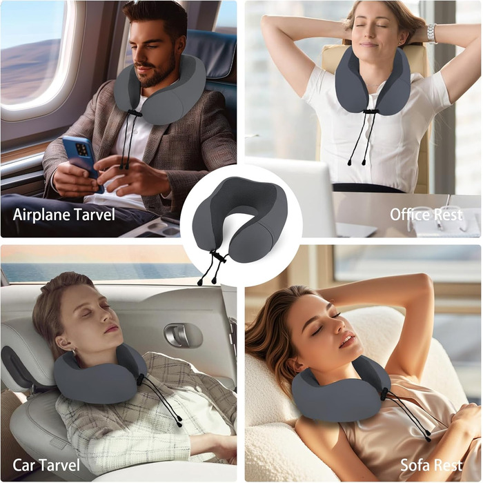 Подушка для шиї HydroAurum, подушка для подорожей, подушка для шиї з піною з пам'яті для літака, ергономічна підтримка шиї, 360° комфорт для літака, авто та поїзда, портативна U-подібна подушка з пральною наволочкою та темно-сірий колір, піна з пам'яті