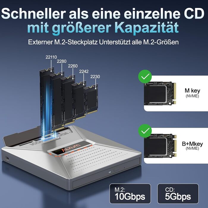 Зовнішній DVD-привід Alxum USB-C 3.0 з картридером SD/TF та додатковим USB-портом для ноутбука, DVD/CD запис та читання, Plug & Play, сірий