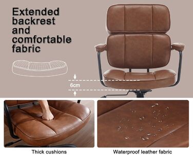 Офісний крісло з штучної шкіри, 360° обертання, регульована висота, ергономічний комп'ютерний стілець з підлокітниками для робочого кабінету/офісу/вітальні, Колір: Коричневий
