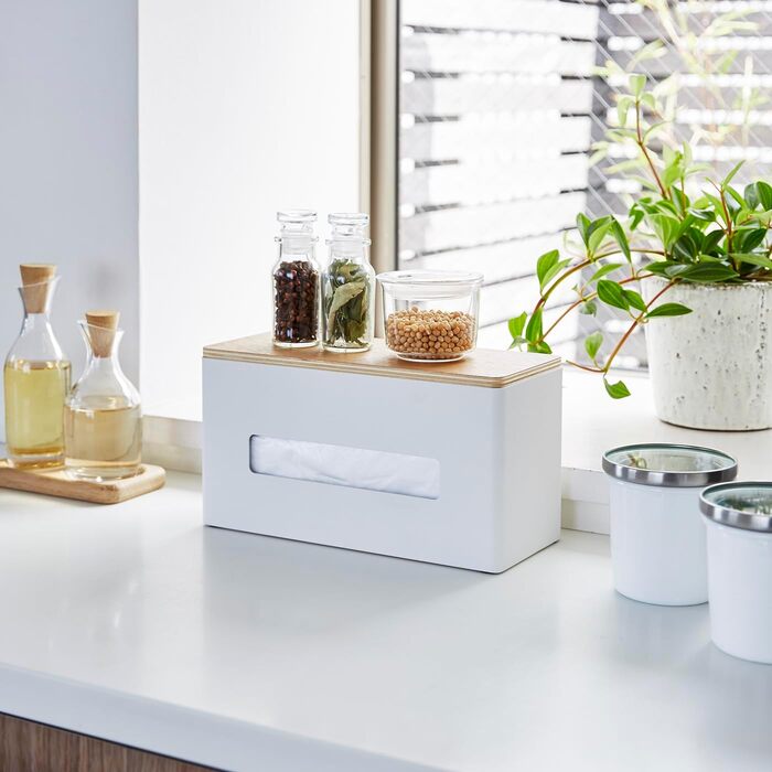 Yamazaki 4766 RIN Double-Sided Tissue Box, white, steel/plywood, minimalist, 26 x 11 x 14 cm