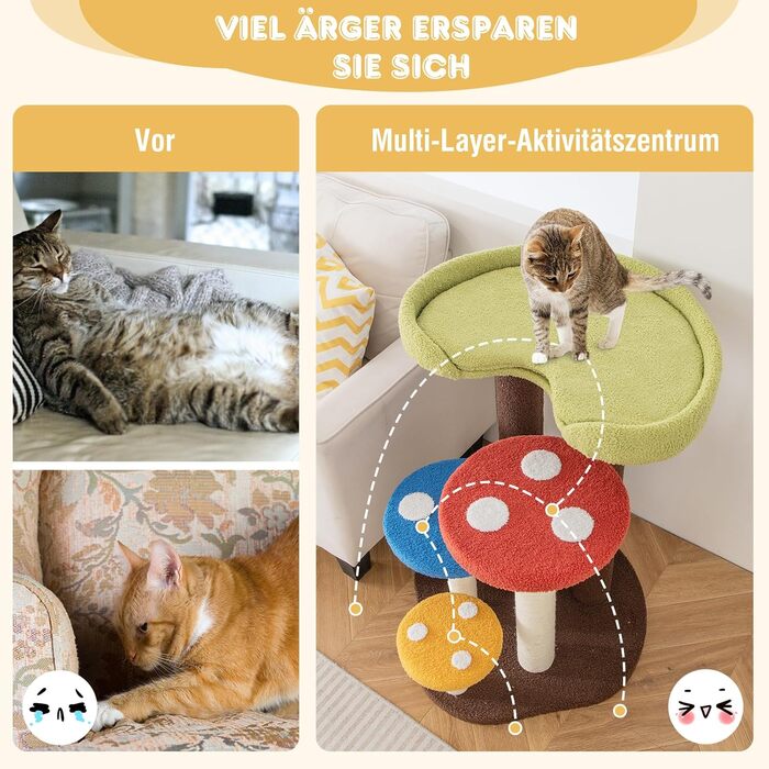 Дерев'яний кігтечка для котів Costway з печерками та ігровим м'ячиком, 60x65x94 см