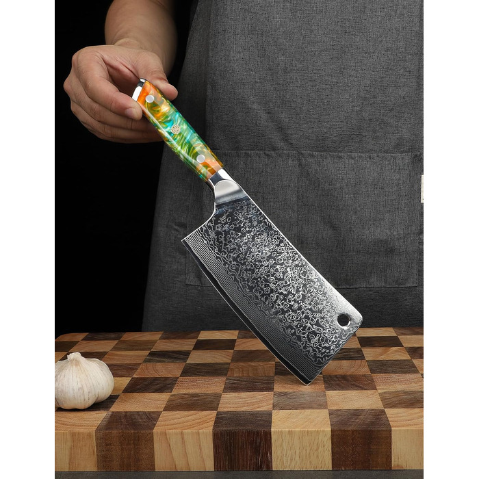 Ніж м'ясник Sanmuzuo Hackmesser 17 см, професійний, Дамаск, Xuan Serie, VG10 сталь, ручка з епоксидної смоли (сапфірово-блакитна)