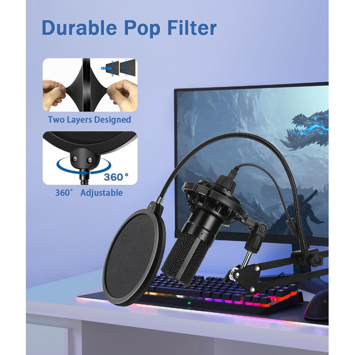 Підставка для мікрофона BILIONE з поп-фільтром та амортизатором, регульована, з адаптерами