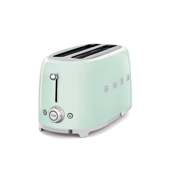 Тостер Smeg TSF02PBEU - 2 відділення для 4 скибочки хліба, 6 рівнів підсмажування, функція підігріву, розморожування та Bagel, знімний піддон, 1500W, пастельно-блакитний (пастельно-зелений)