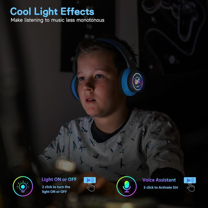 Дитячі навушники LOBKIN Bluetooth Over-Ear з сумкою, бездротові та провідні, для дівчаток, складні, регульовані, для школи та подорожей (Чорний/Синій)