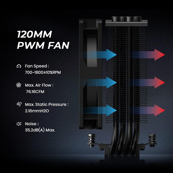 ID-COOLING SE-214-XT Black: Кулер CPU з чорним дизайном, 4 теплові трубки, 120мм вентилятор, сумісний з LGA1700/1851/1200/115X, AMD AM5/AM4