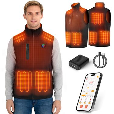 Обогреваемый жилет Smartes с управлением через APP | 8-зонный обогреватель для лыж и кемпинга | Аккумулятор 20000mAh 7.4V | 3 температурных режима | Ветро- и водонепроницаемый | Можно стирать в машинке, мужской/женский жилет L
