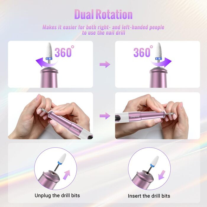 Електричний фрезер для нігтів Denabuty DN-2502Z Violett: 12-в-1, USB, 5 швидкостей, манікюр/педикюр
