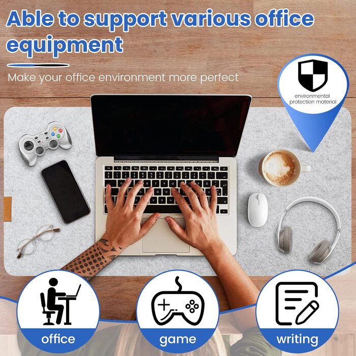 Підкладка для столу з фетру | 100x40 см | Нековзна килимок для миші | Великий фетровий килимок для офісу та дому | Захист столу (світло-сірий)