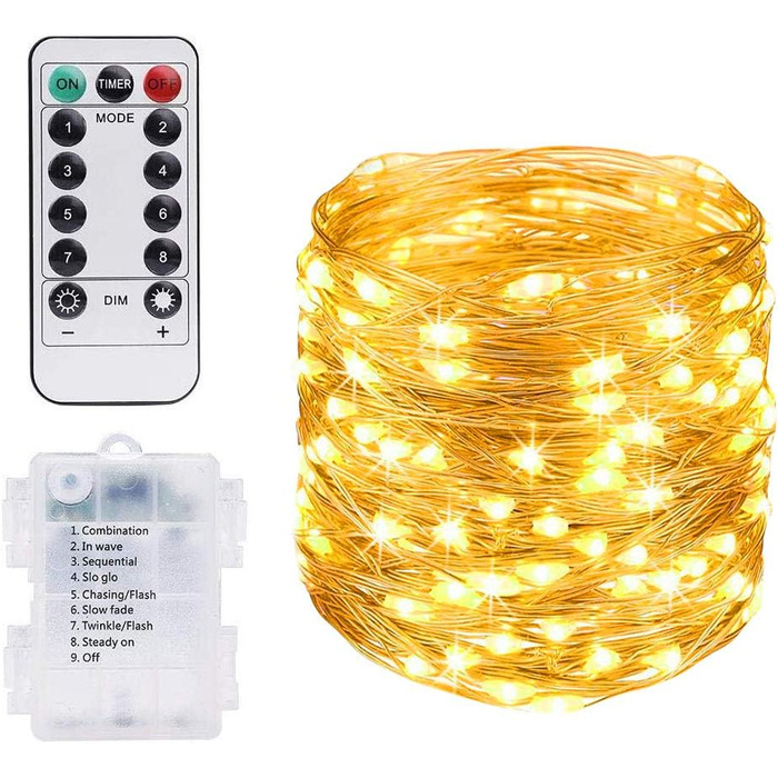 Ланцюжок прикрас Vicloon, 10 м, 100 LED, з пультом та таймером, 8 режимів, IP65, тепле світло, для дому та декору