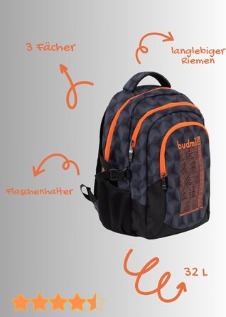 Ергономічний шкільний рюкзак Budmil для хлопчиків та дівчаток 32L - для підлітків та дітей від 5 класу - водонепроникний, з 3 відділеннями та вентильованою спинкою (Edwin Orange)