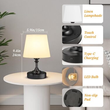 LED настільна лампа бездротова з торшером з льону, сенсорне керування, регулювання яскравості, білий колір, USB-C, для спальні, вітальні, кухні, декор (латунь), 40см, 24см