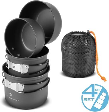 Набір посуду для кемпінгу STAHLWERK 4-х частинний з алюмінію з антипригарним покриттям, Outdoor посуд, набір каструль та кришок