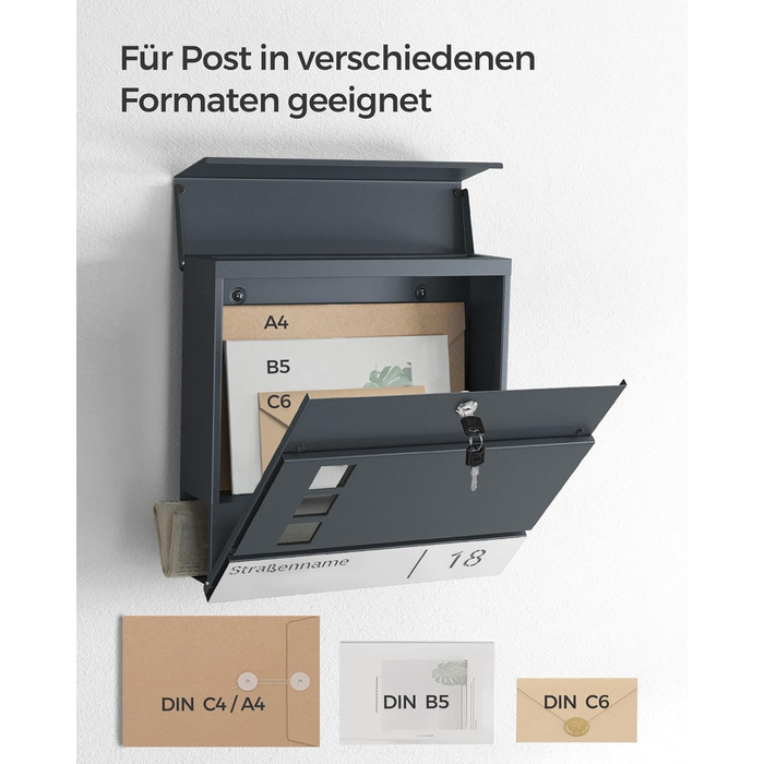 Поштовий ящик SONGMICS з персоналізованим гравіюванням, номерний знак, сучасний антрацитово-сріблястий, з замком та вікном для газет