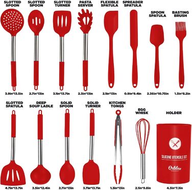 Набір кухонного приладдя ORBLUE 14 предметів: лопатки, шумовки, ложки з силікону та нержавіючої сталі, червоний