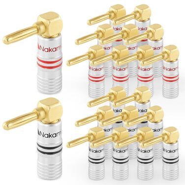 Бананові роз'єми Nakamichi 24K позолочені, кутові, для акустичних кабелів 12-18 AWG, 4мм (20 шт / 10 пар) для Hi-Fi підсилювачів та домашніх кінотеатрів