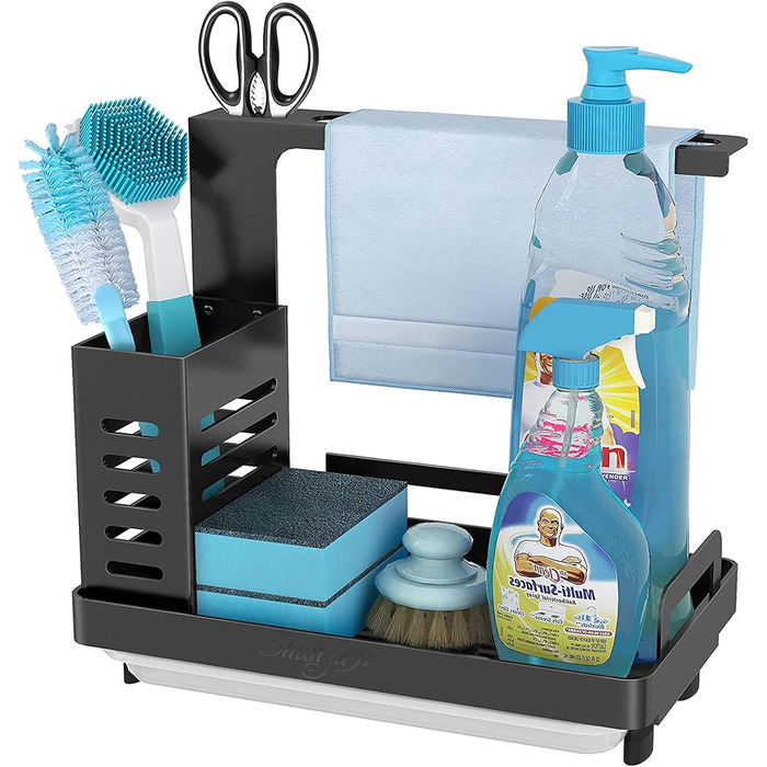 Shunfaji Sink Organizer Sink Caddy Organizer Stainless Steel Utensil Basket for Kitchen & Bathroom with Drain Pan, Adhesive Countertop Dual-Use Sponge Brush Soap Dish Holder