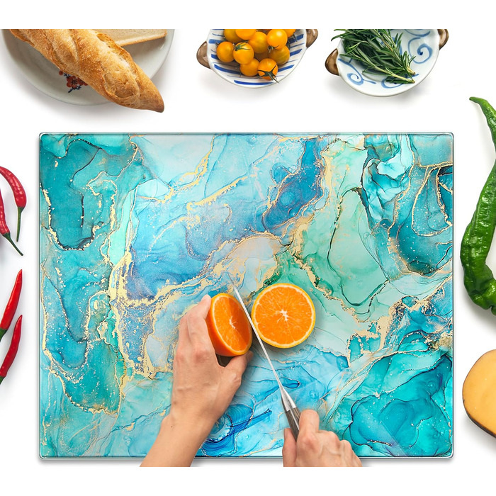 Скляна дошка для нарізання 40x30 см – гігієнічна скляна дошка з загартованого скла, стійка до високих температур, подряпин та ковзання – скляна плита для кухні, чорна мармурова текстура (Design 09, 50Ш x 40Г см)