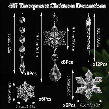 Christmas Tree Ornaments Snowflake Transparent, 12 Pieces Acrylic Snowflakes Decoration Crystal Christmas Tree Decorations Decoration Winter Christmas Ornaments (9.5CM)