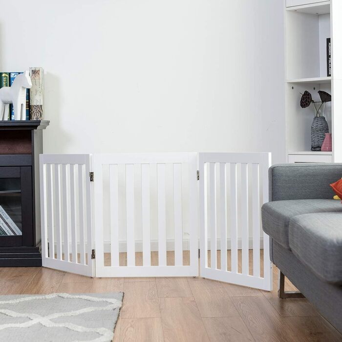 Захисний бар'єр для собак COSTWAY 60см, дерев'яне огорожа, дитяче ворота, розкладні, для захисту сходів, білий (3 панелі)