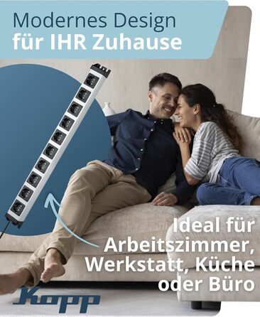 Steckdosenleiste Kopp POWERversal 10-fach, срібно-чорна, IP20, 1.4м, 90° кут, захист від дотику