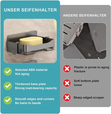 Тримач для мила Dulynva (2 шт.) без свердління, сірий. Мильниця для душу, мильниця з піддоном, мильниця для ванної кімнати, кухні, мийки. Пластиковий тримач для мила, настінний, самоклеючий.