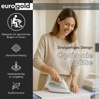 Прасувальна дошка EUROGOLD® Premium 120x42 см з турбочохлом та полицею - стабільна, регульована по висоті, з антиковзними ніжками та бавовняним чохлом (сіра)