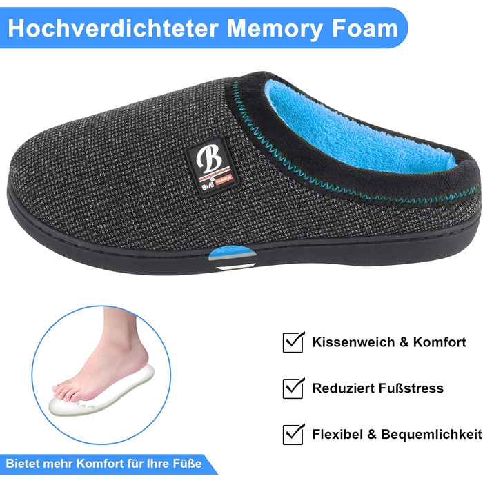 Чоловічі домашні тапочки BIAL з піною з пам'яті, антиковзкі, теплі, з плюшевою підкладкою, для дому та вулиці (42/43 EU, Глибокий небесно-блакитний)