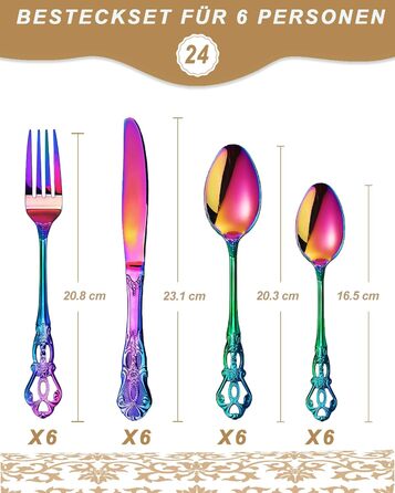 Набір столових приборів Retro на 6 осіб з нержавіючої сталі, 24 предмети, антикварний бароковий дизайн (Райдуга)