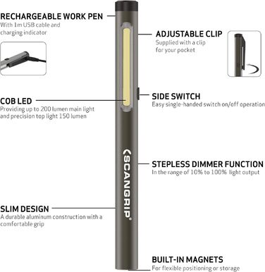 LED-ручка-ліхтар WORK PEN 200 R 20-200 лм Li-Ion SCA NGRIP, різнокольорова
