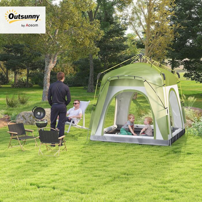 Намет Outsunny Pop-Up для 3 осіб, UV 50+, зелений: сімейний кемпінговий намет з гачками, 4 дверима, вікнами та водонепроникністю 1000 мм