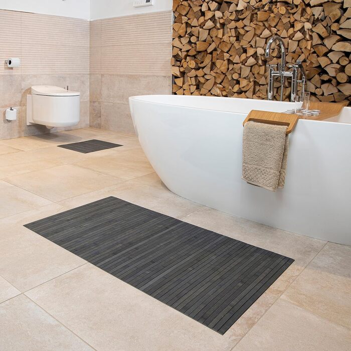 Bamboo Bath Mat Set - 3 Pack, Non-Slip Bathroom Rugs - Natural Wood Bath Mat, Steel Color