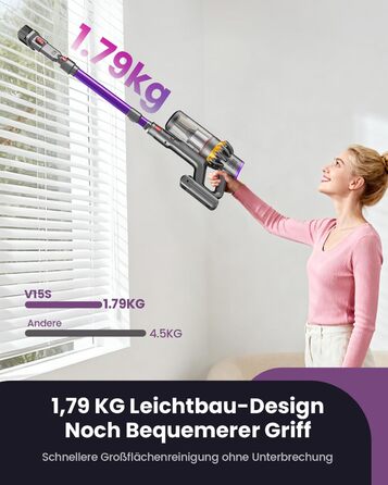 Бездротовий акумуляторний пилосос 45000 Па/580 Вт/70 хв, легкий, 6-в-1, з LED дисплеєм, станцією зарядки та насадкою проти спутання шерсті, для твердих поверхонь, килимів та шерсті тварин