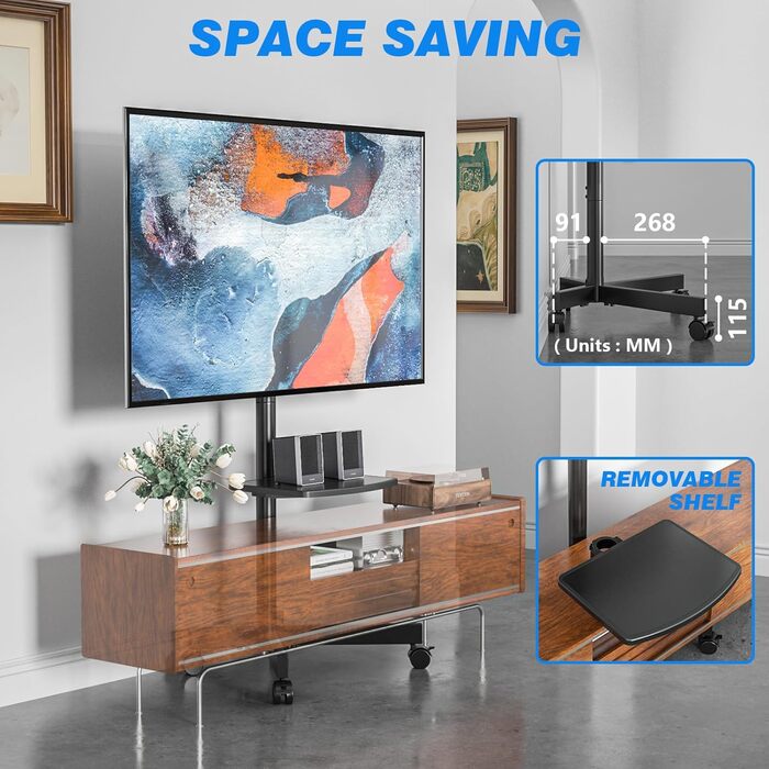 Rolling TV Stand with Wheels - Adjustable Height Mobile TV Trolley for 27-60 inch TVs, VESA 400x400, 40kg Max Weight, White (Black)