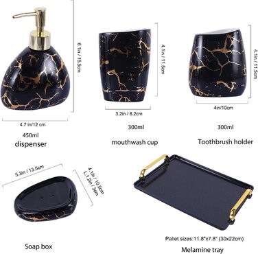 Black bathroom accessory set, gold marble look, modern 6-piece bathroom accessory set, complete with soap dispenser, toothbrush holder, cup, tray, countertop.