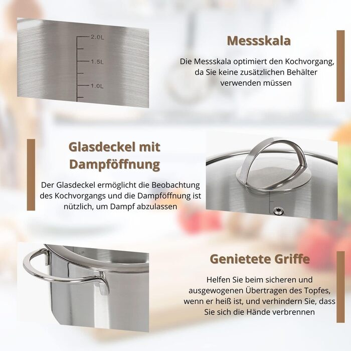 Каструля Daniks Bonn з нержавіючої сталі для індукції з кришкою, 20 см, 3.4 л, для пасти, супу, срібляста
