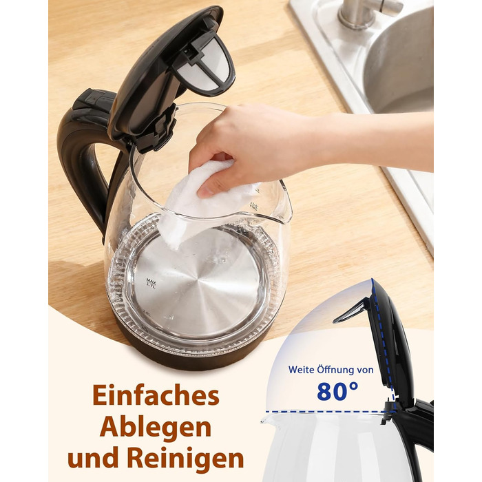 Електричний чайник Aigostar Adam, 1.7 л, 2200 Вт, LED, скло, без BPA, з фільтром від накипу, чорний