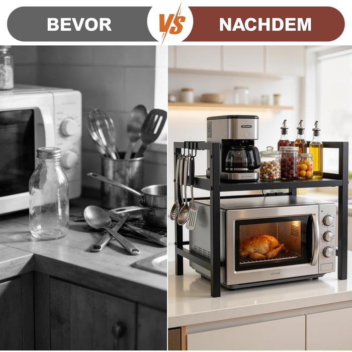 Розширювана полиця для мікрохвильової печі Ribelli, 2 яруси, сталева, з 3 гачками, чорна