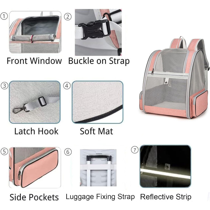 Рюкзак для кота/маленької собаки, переноска для тварин, рожевий, до 8 кг, дихаючий, складний, з вікном та страхувальним ремінцем