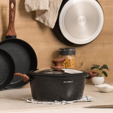 Набір каструль Florina Master Black (6 шт.) з алюмінію, 24 см, 4 л, антипригарне покриття, для всіх плит (вкл. індукційні), з ергономічною ручкою, кришкою з силіконовим кантом, термостійкий, легко миється