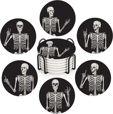Britimes Drink Coasters, Set of 6, White Marble, Inspiring Love, Absorbent, Round, Ceramic-Stone Mat, with Cork Bottom and Metal Holder, Housewarming Gift, Bar, Decor (Skeleton)