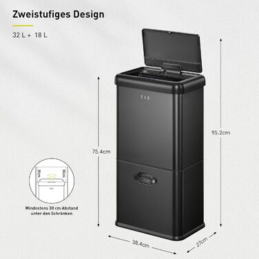 Сортувальний контейнер для сміття EKO Mirage Plus 3 відділення (15л + 15л + 30л), сенсорний, нержавіюча сталь, 60л, з пластиковими відрами