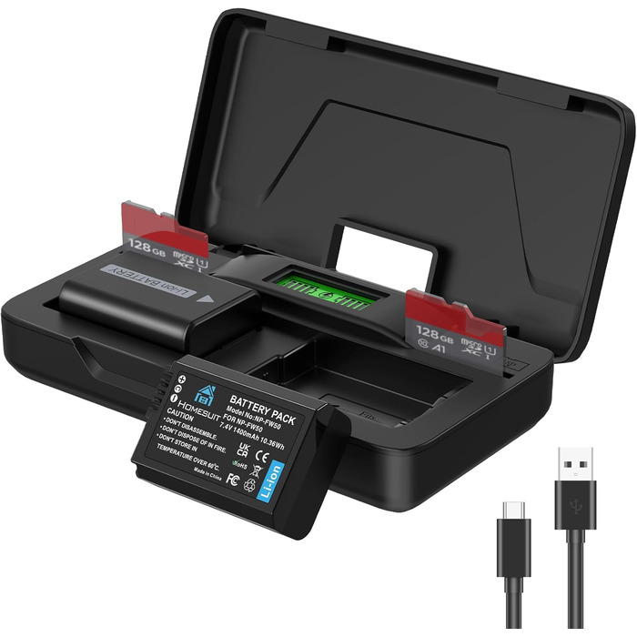 Набір акумуляторів NP-FW50 1300mAh та зарядний пристрій LCD для камер Sony ZV-E10, A6000, A6300, A6400, A6500, A5100, A5000, A7, A7II, A7R, A7RII, A7SII, 7RM2, 7SM2, 7M2, A55, RX10 II III IV, NEX-3/5/6/7, NEX-F3 (2 шт. акумулятори & 1 зарядний пристрі