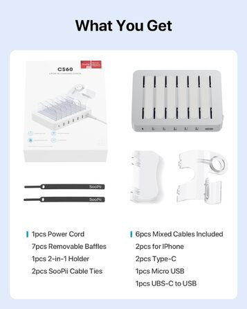 Зарядна станція SooPii USB 60W/12A з 6 портами, органайзер для декількох пристроїв з тримачем для Apple Watch, 6 кабелів в комплекті (срібло)