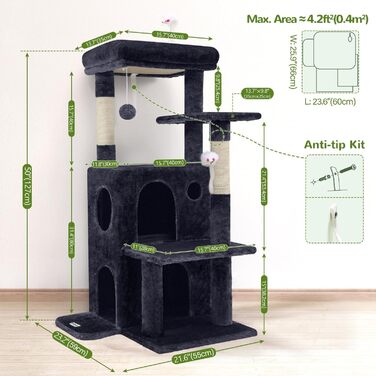 Дім-кіготник для котів Globlazer XL, 127 см, сірий. З платформою, будиночком та іграшками. Для великих котів та літніх тварин.