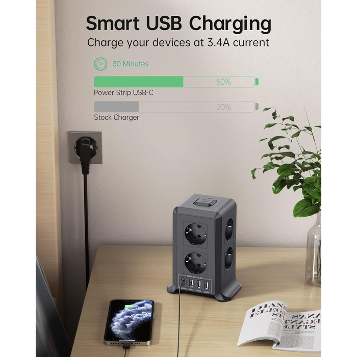 Багаторозкладна мережева панель Sameriver 8-fach з вимикачем, 4 USB, захист від перенапруги, 2м кабель, чорний