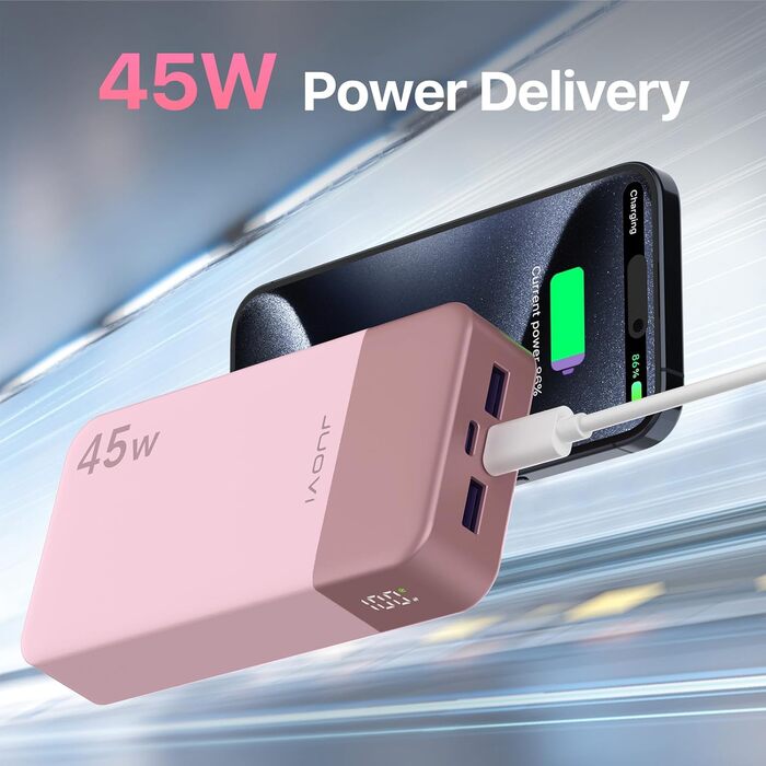 Powerbank JUOVI J2621 Рожевий, 20000mAh, 45W, для Switch, MacBook, iPhone, Samsung, Steam Deck