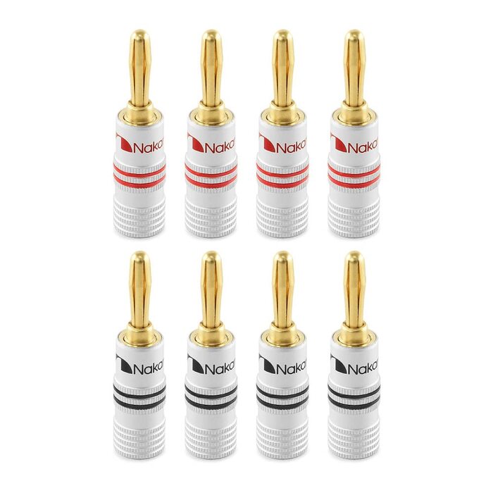 Штекери Nakamichi 24K позолочені бананчики 12-18 AWG для акустичних кабелів, підсилювачів, Hi-Fi, AV-ресиверів, домашнього кінотеатру (4 шт.)